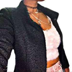 Black Sequin Tweed Chanel 3/4 Sleeve Blazer Jacket